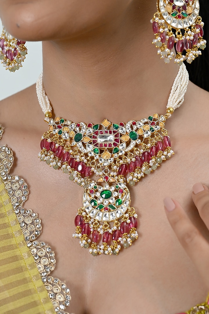 Gold Plated Multi-Colored Kundan Polki Jadau Choker Necklace Set by Shlok Jewels at Pernia's Pop Up Shop