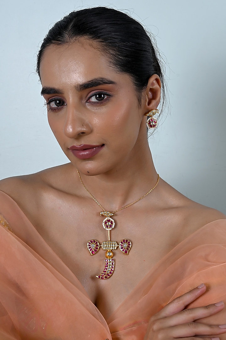 Gold Plated Multi-Colored Kundan Polki Jadau Pendant Necklace Set by Shlok Jewels at Pernia's Pop Up Shop