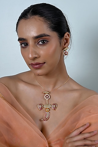 Gold Plated Multi-Colored Kundan Polki Jadau Pendant Necklace Set by Shlok Jewels