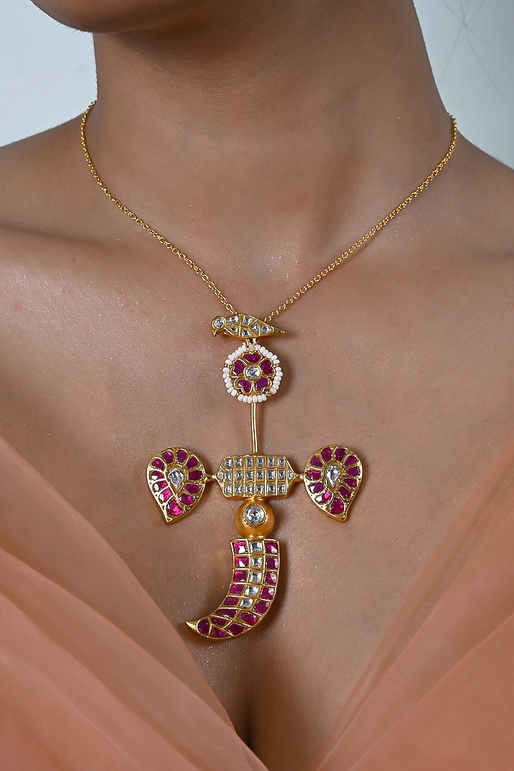 Gold Plated Multi-Colored Kundan Polki Jadau Pendant Necklace Set by Shlok Jewels at Pernia's Pop Up Shop