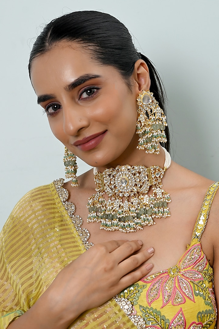 Gold Plated Kundan Polki Jadau Choker Necklace Set by Shlok Jewels at Pernia's Pop Up Shop