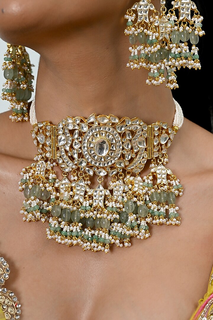 Gold Plated Kundan Polki Jadau Choker Necklace Set by Shlok Jewels at Pernia's Pop Up Shop