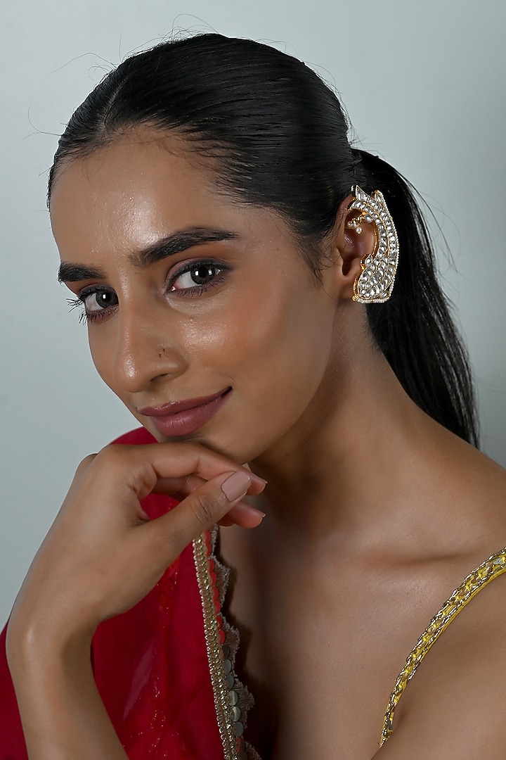 Gold Plated Jadau Kundan Polki Cuff Earrings by Shlok Jewels at Pernia's Pop Up Shop