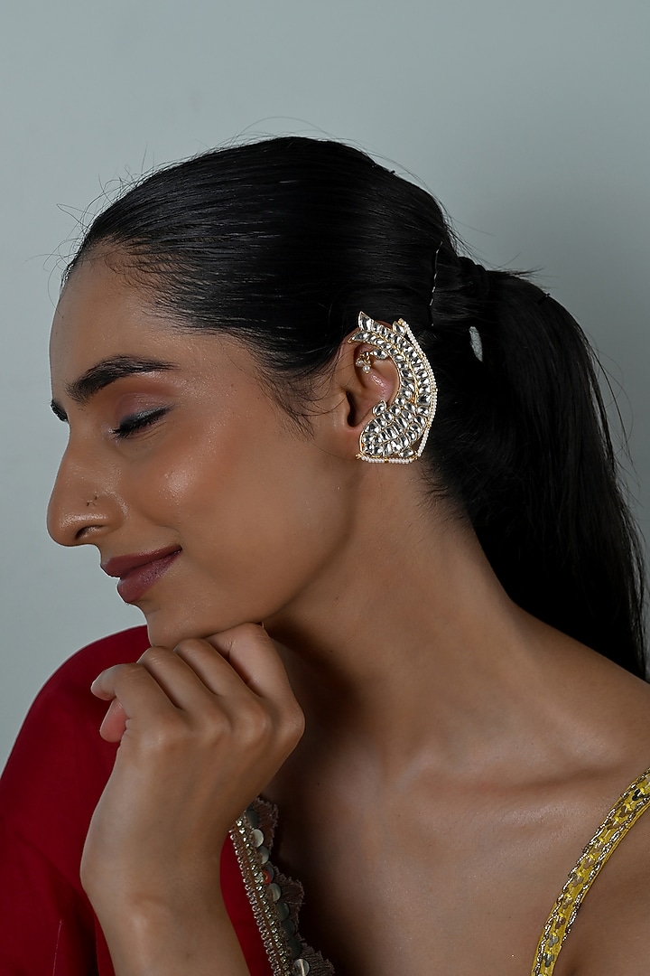 Gold Plated Jadau Kundan Polki Cuff Earrings by Shlok Jewels at Pernia's Pop Up Shop