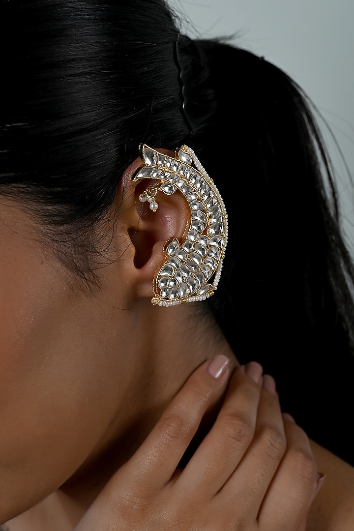 Gold Plated Jadau Kundan Polki Cuff Earrings by Shlok Jewels at Pernia's Pop Up Shop