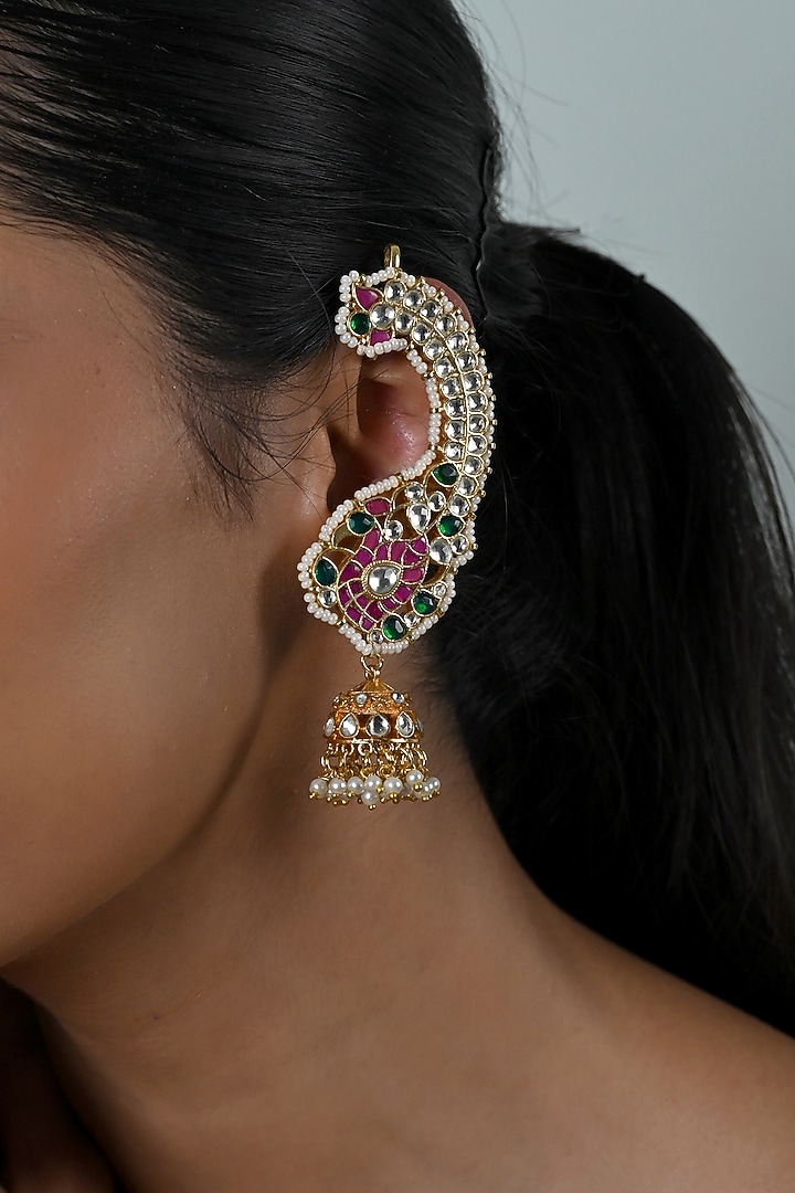 Gold Plated Jadau Kundan Polki Cuff Earrings by Shlok Jewels at Pernia's Pop Up Shop