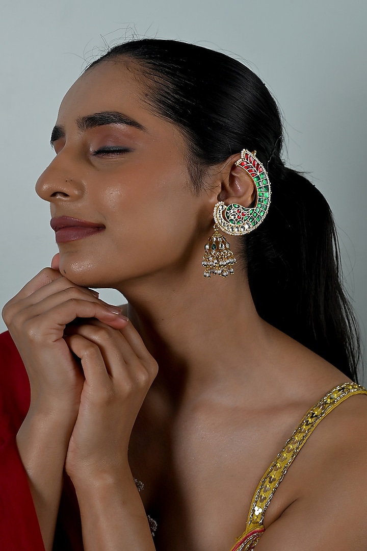 Gold Plated Jadau Kundan Polki Cuff Earrings by Shlok Jewels at Pernia's Pop Up Shop