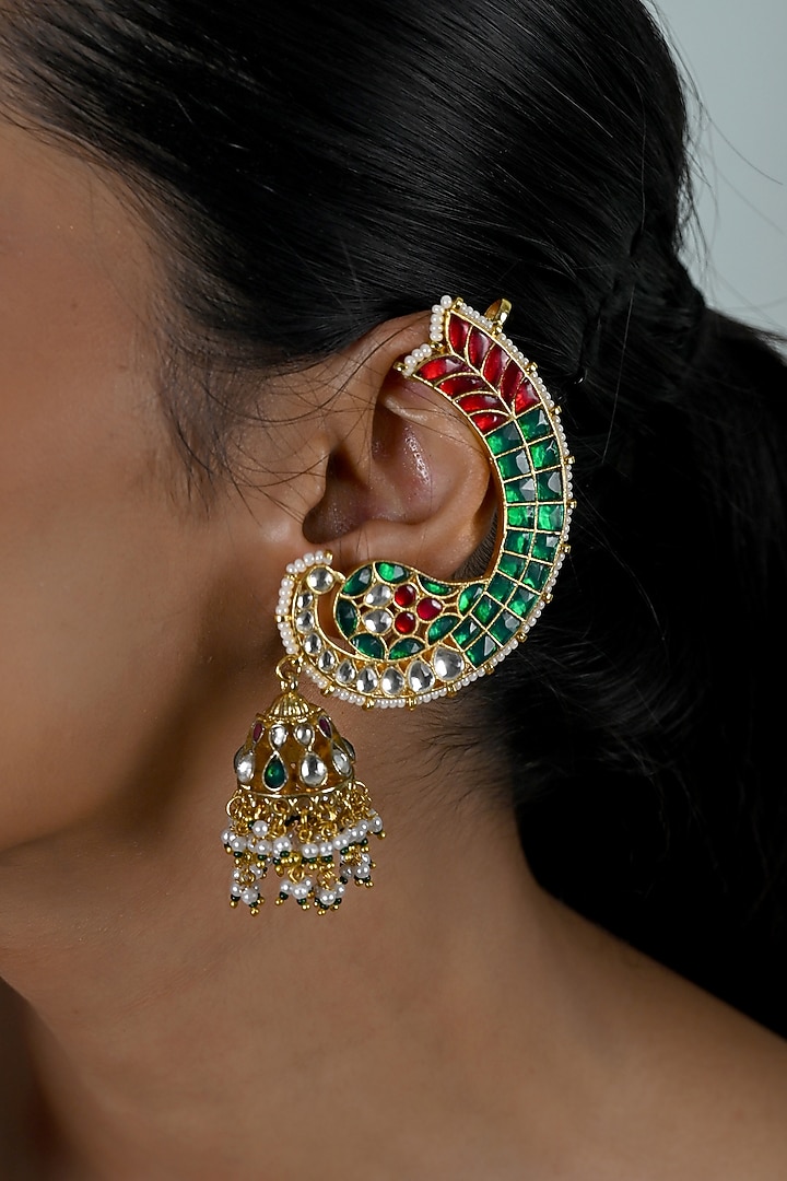 Gold Plated Jadau Kundan Polki Cuff Earrings by Shlok Jewels at Pernia's Pop Up Shop