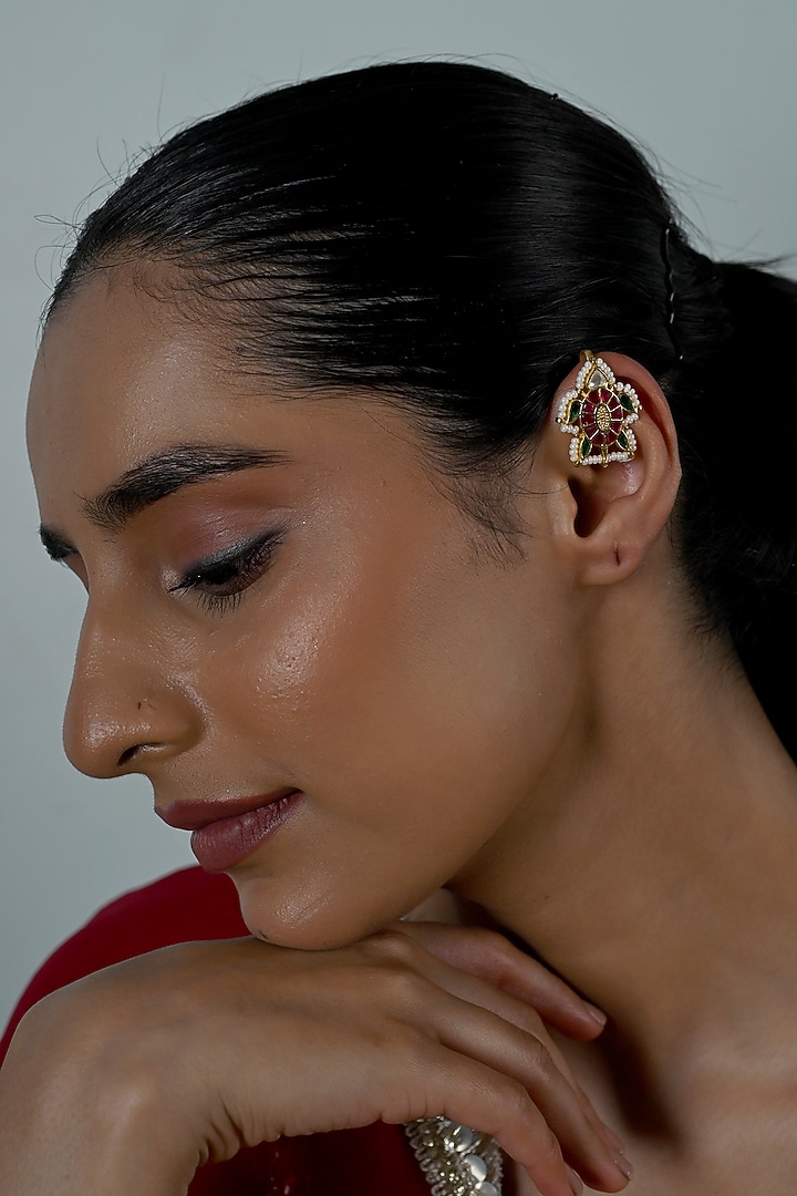 Gold Plated Jadau Kundan Polki Cuff Earrings by Shlok Jewels at Pernia's Pop Up Shop