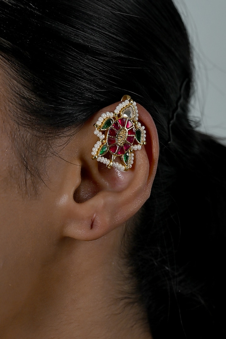 Gold Plated Jadau Kundan Polki Cuff Earrings by Shlok Jewels at Pernia's Pop Up Shop