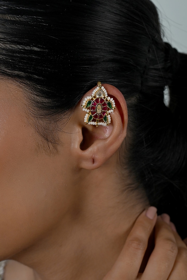 Gold Plated Jadau Kundan Polki Cuff Earrings by Shlok Jewels at Pernia's Pop Up Shop