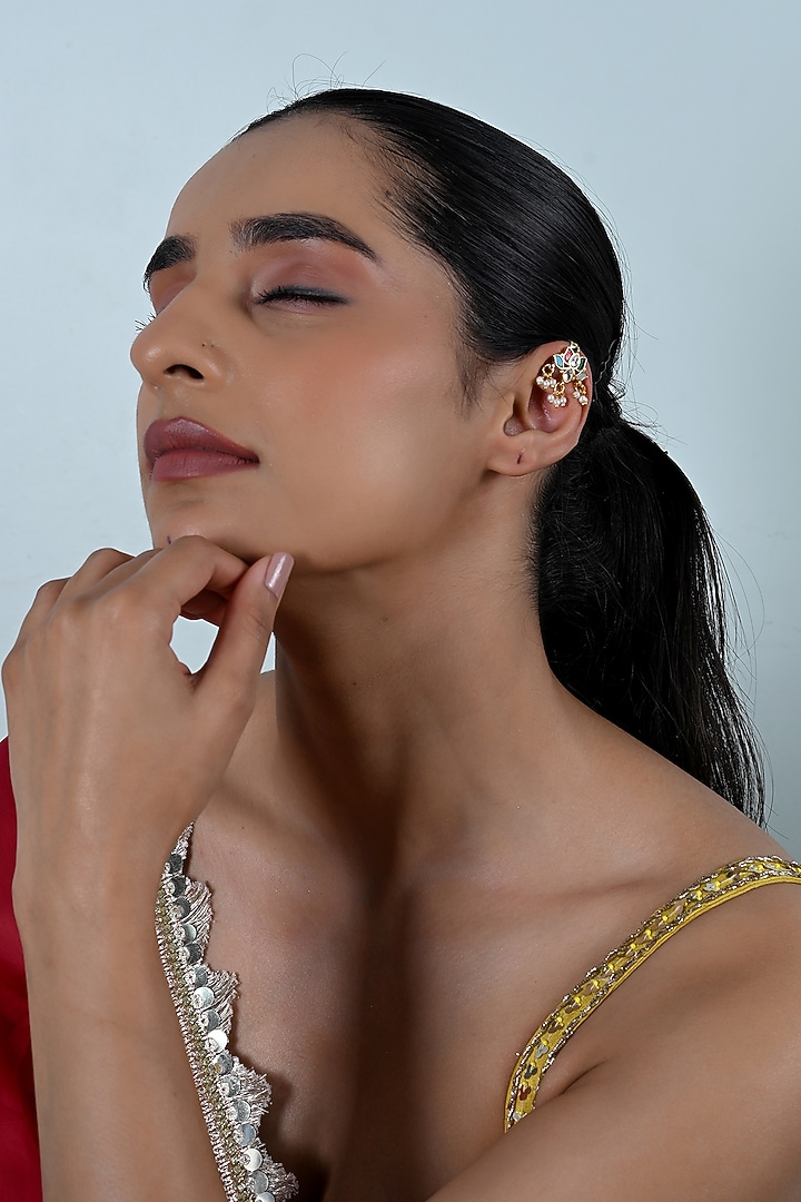 Gold Plated Jadau Kundan Polki Cuff Earrings by Shlok Jewels at Pernia's Pop Up Shop