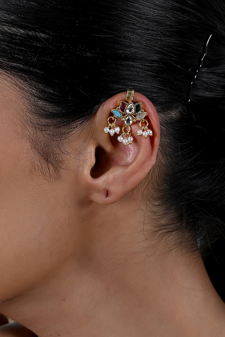 Gold Plated Jadau Kundan Polki Cuff Earrings by Shlok Jewels at Pernia's Pop Up Shop