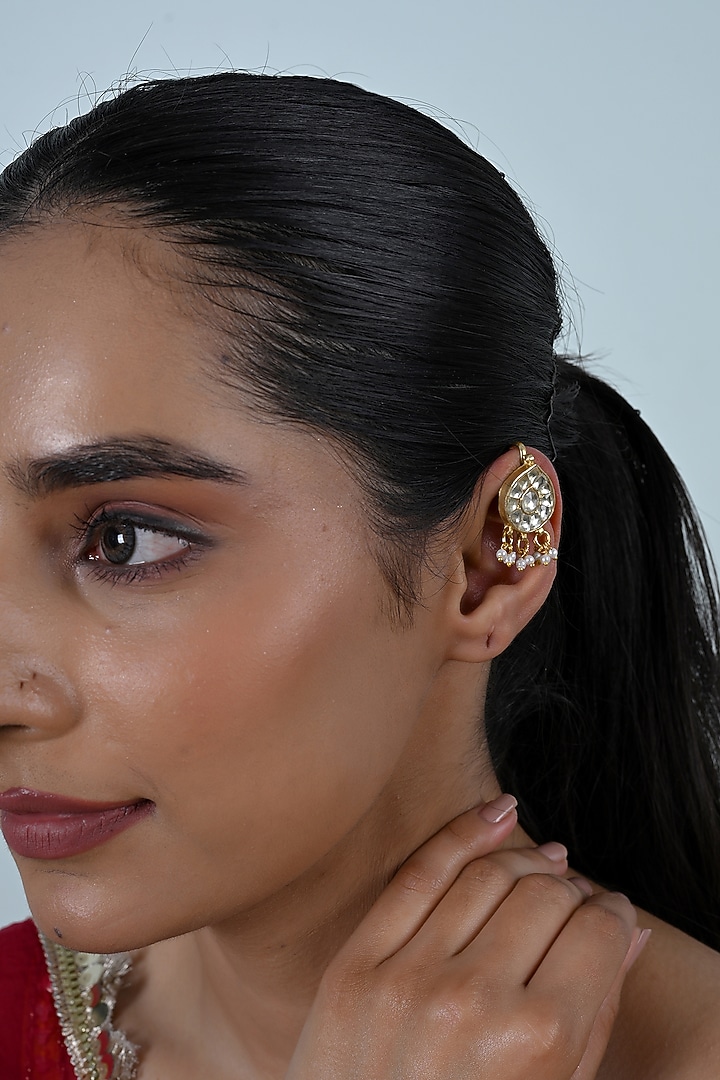 Gold Plated Jadau Kundan Polki Cuff Earrings by Shlok Jewels at Pernia's Pop Up Shop