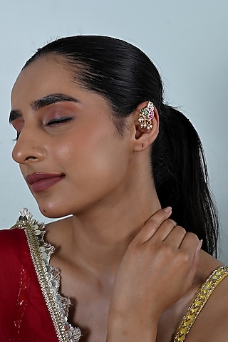 Gold Plated Jadau Kundan Polki Cuff Earrings by Shlok Jewels