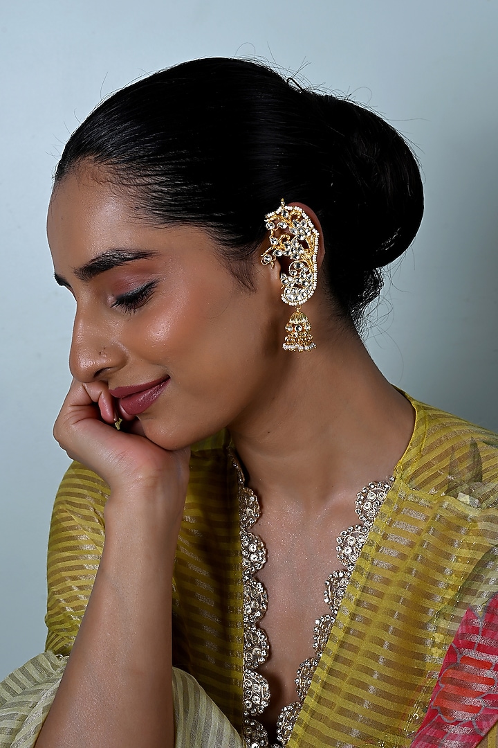 Gold Plated Jadau Kundan Polki Cuff Earrings by Shlok Jewels at Pernia's Pop Up Shop