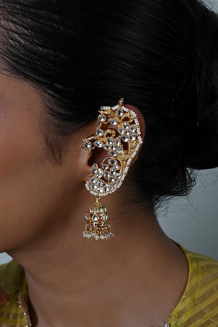 Gold Plated Jadau Kundan Polki Cuff Earrings by Shlok Jewels at Pernia's Pop Up Shop