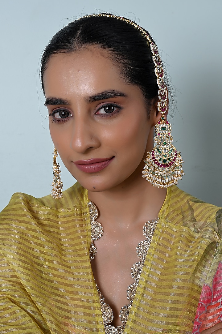 Gold Plated Jadau Kundan Polki Chandbali Earrings by Shlok Jewels at Pernia's Pop Up Shop