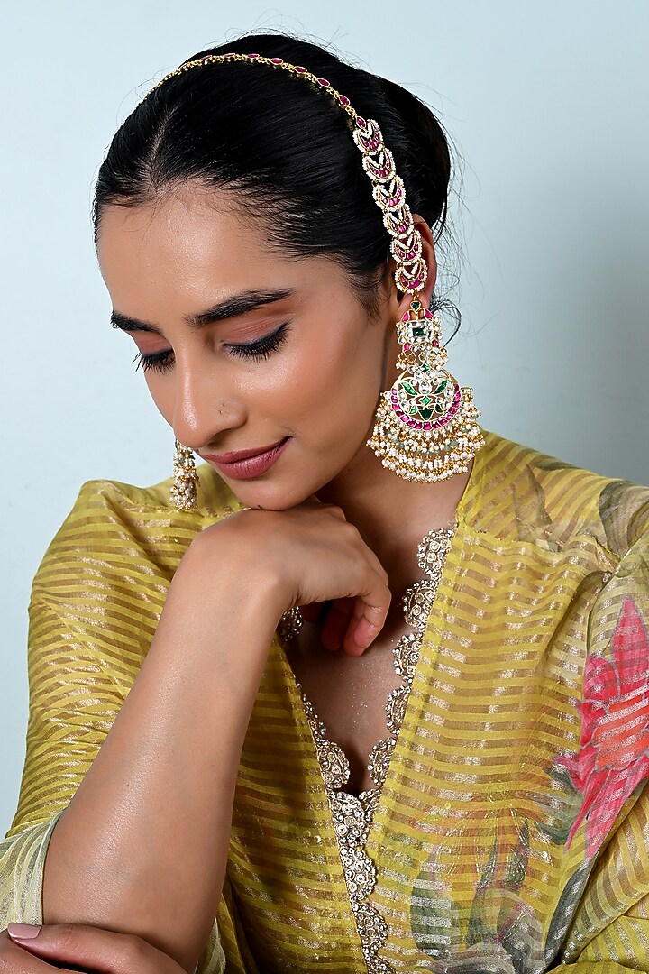 Gold Plated Jadau Kundan Polki Chandbali Earrings by Shlok Jewels at Pernia's Pop Up Shop