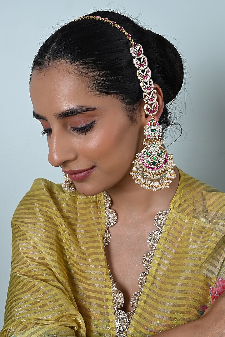 Gold Plated Jadau Kundan Polki Chandbali Earrings by Shlok Jewels at Pernia's Pop Up Shop