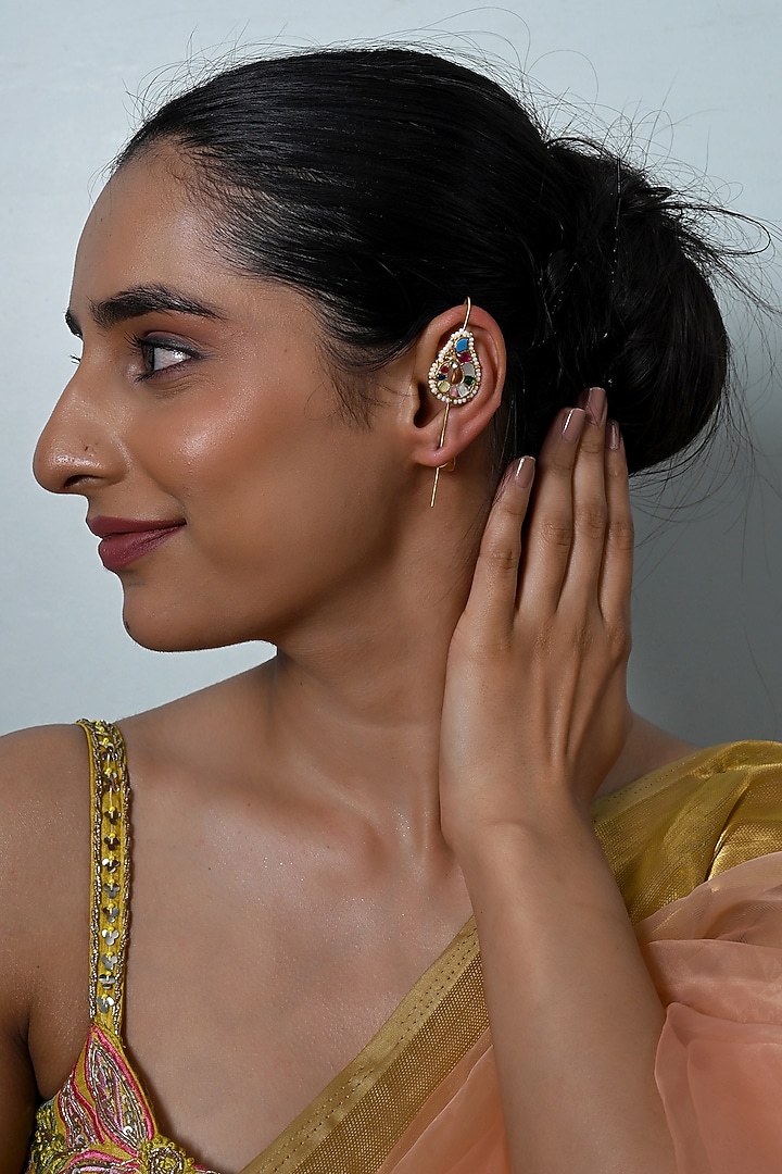 Gold Plated Jadau Kundan Polki Cuff Earrings by Shlok Jewels at Pernia's Pop Up Shop