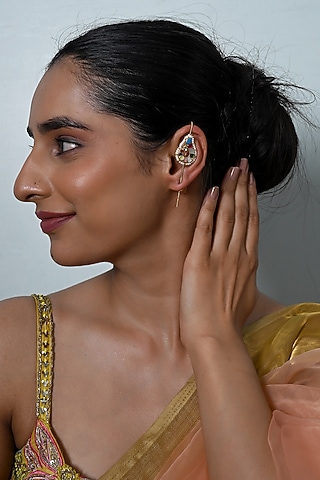 Gold Plated Jadau Kundan Polki Cuff Earrings by Shlok Jewels