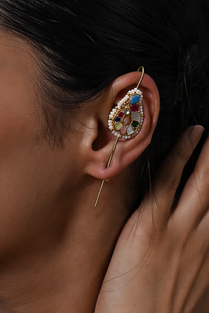 Gold Plated Jadau Kundan Polki Cuff Earrings by Shlok Jewels at Pernia's Pop Up Shop