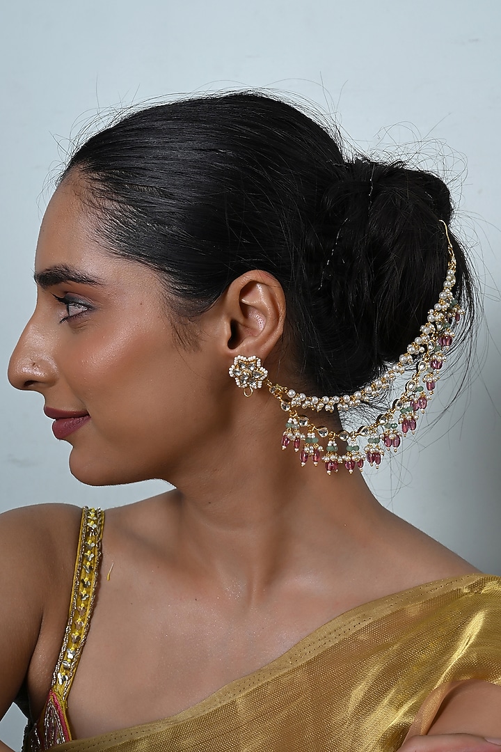 Gold Plated Jadau Kundan Polki Earchains by Shlok Jewels at Pernia's Pop Up Shop