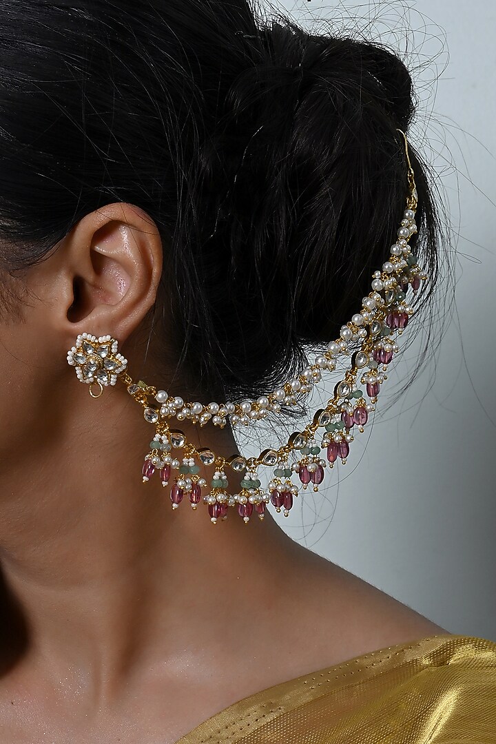 Gold Plated Jadau Kundan Polki Earchains by Shlok Jewels at Pernia's Pop Up Shop