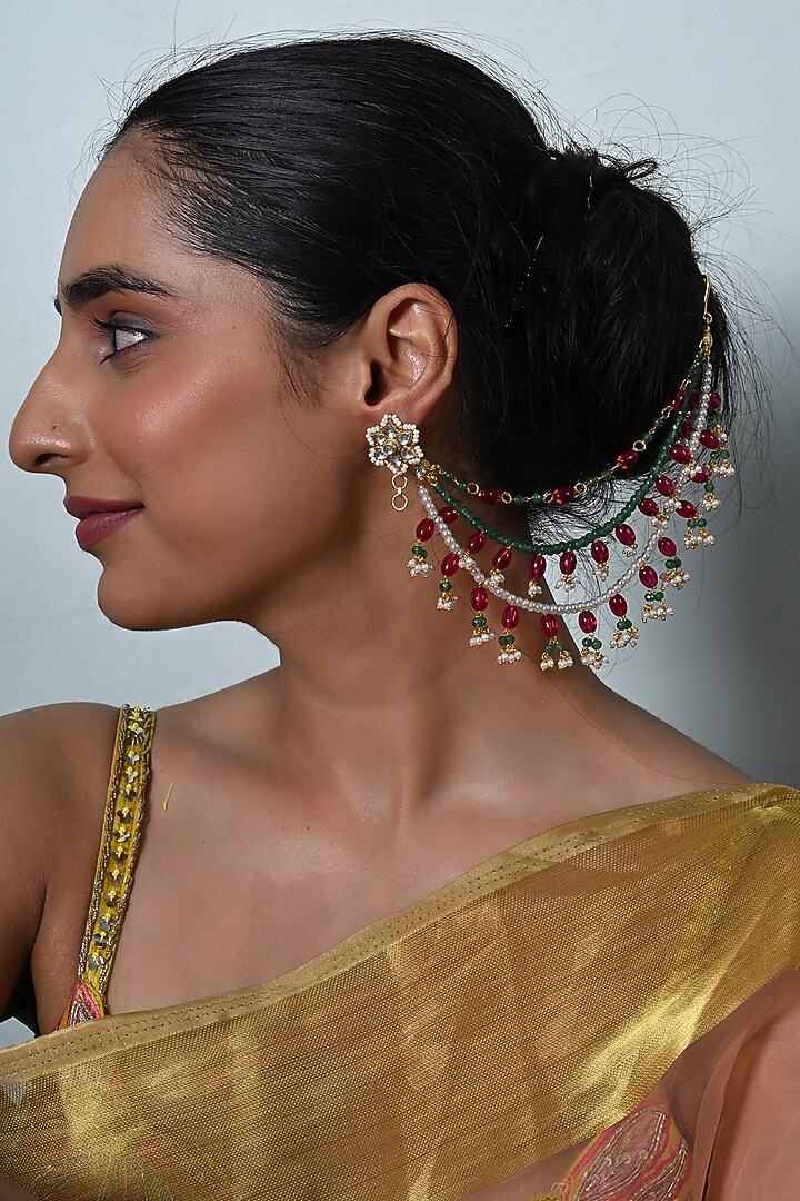 Gold Plated Jadau Multi-Colored Kundan Polki Earchains by Shlok Jewels at Pernia's Pop Up Shop