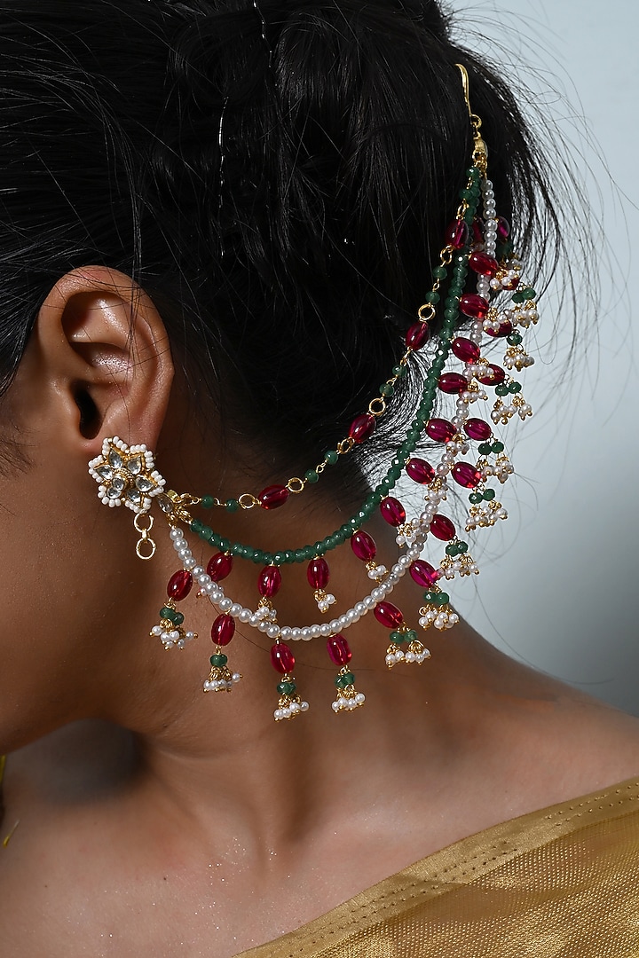 Gold Plated Jadau Multi-Colored Kundan Polki Earchains by Shlok Jewels at Pernia's Pop Up Shop