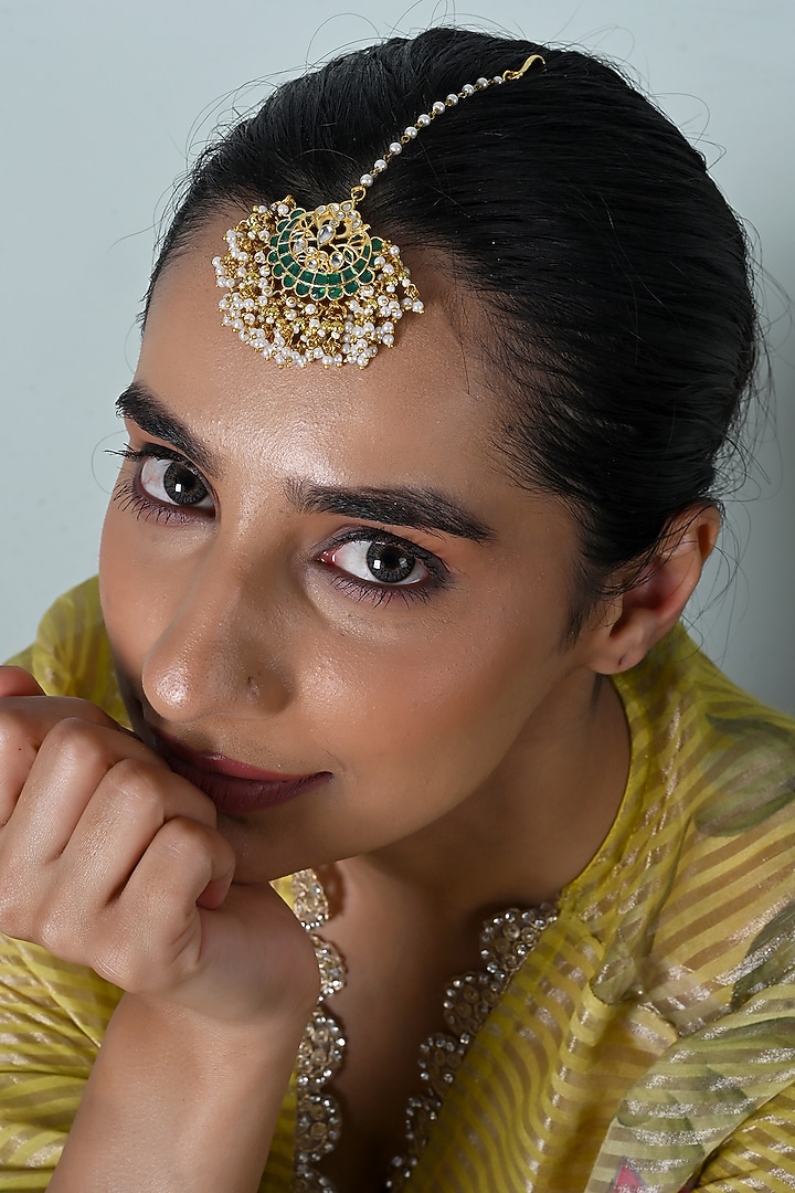 Gold Plated Green Jadau Kundan Polki Maangtikka by Shlok Jewels at Pernia's Pop Up Shop