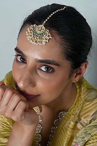 Gold Plated Green Jadau Kundan Polki Maangtikka by Shlok Jewels