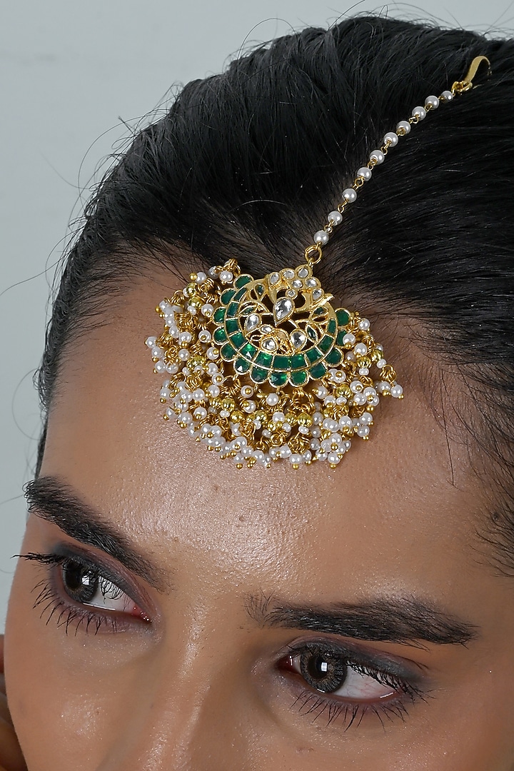Gold Plated Green Jadau Kundan Polki Maangtikka by Shlok Jewels at Pernia's Pop Up Shop