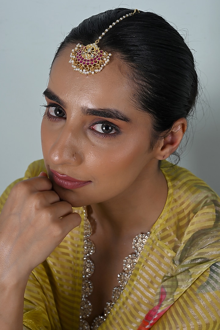 Gold Plated Pink Jadau Kundan Polki Maangtikka by Shlok Jewels at Pernia's Pop Up Shop
