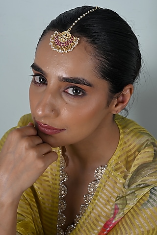 Gold Plated Pink Jadau Kundan Polki Maangtikka by Shlok Jewels
