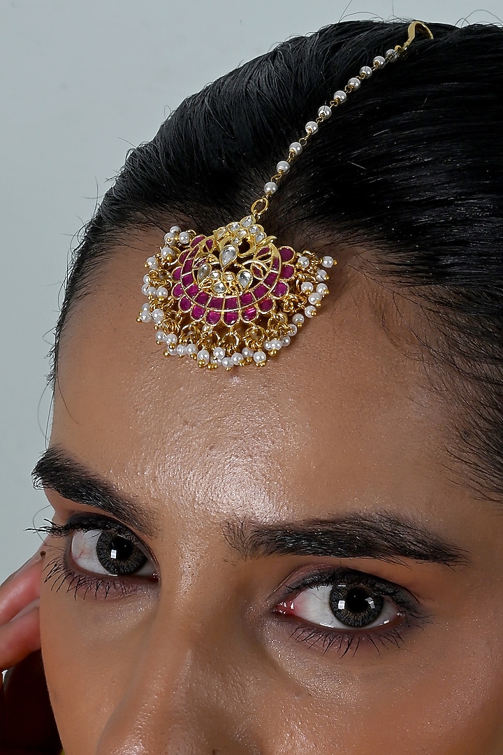 Gold Plated Pink Jadau Kundan Polki Maangtikka by Shlok Jewels at Pernia's Pop Up Shop