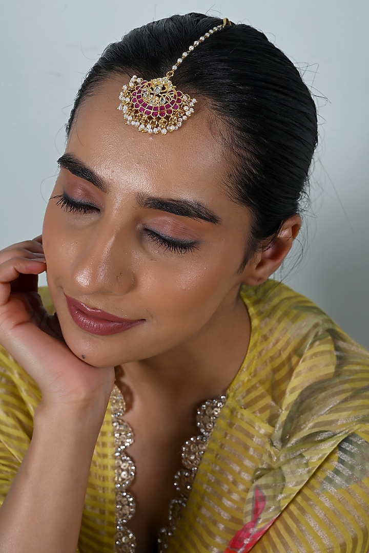 Gold Plated Pink Jadau Kundan Polki Maangtikka by Shlok Jewels at Pernia's Pop Up Shop