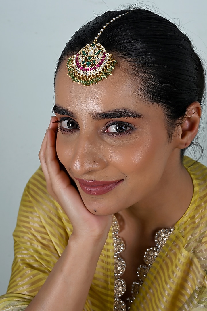 Gold Plated Multi-Colored Jadau Kundan Polki Maangtikka by Shlok Jewels at Pernia's Pop Up Shop