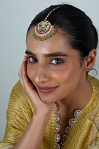 Gold Plated Multi-Colored Jadau Kundan Polki Maangtikka by Shlok Jewels