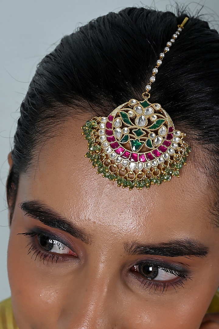 Gold Plated Multi-Colored Jadau Kundan Polki Maangtikka by Shlok Jewels at Pernia's Pop Up Shop