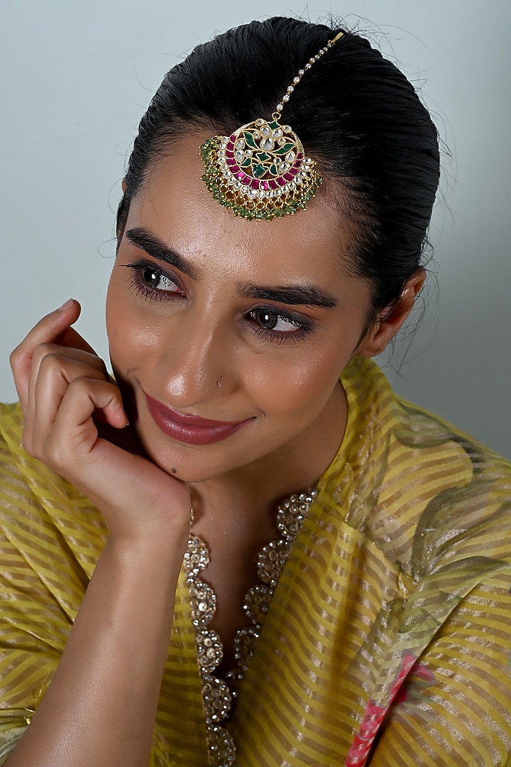 Gold Plated Multi-Colored Jadau Kundan Polki Maangtikka by Shlok Jewels at Pernia's Pop Up Shop