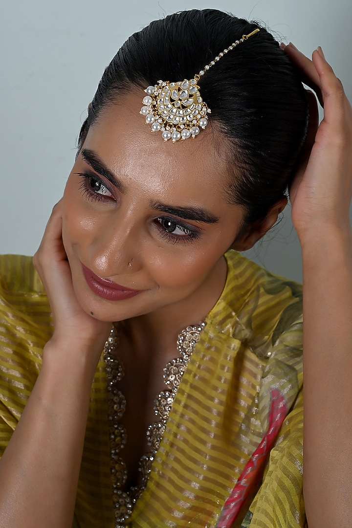 Gold Plated Jadau Kundan Polki Maangtikka by Shlok Jewels at Pernia's Pop Up Shop