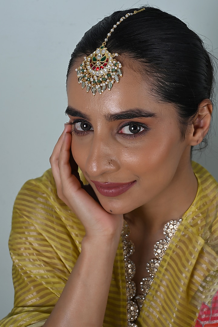 Gold Plated Multi-Colored Jadau Kundan Polki Maangtikka by Shlok Jewels at Pernia's Pop Up Shop