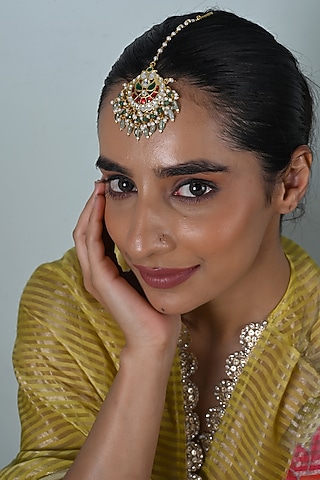 Gold Plated Multi-Colored Jadau Kundan Polki Maangtikka by Shlok Jewels