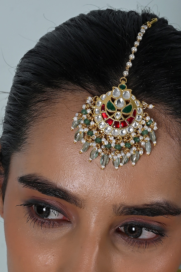 Gold Plated Multi-Colored Jadau Kundan Polki Maangtikka by Shlok Jewels at Pernia's Pop Up Shop