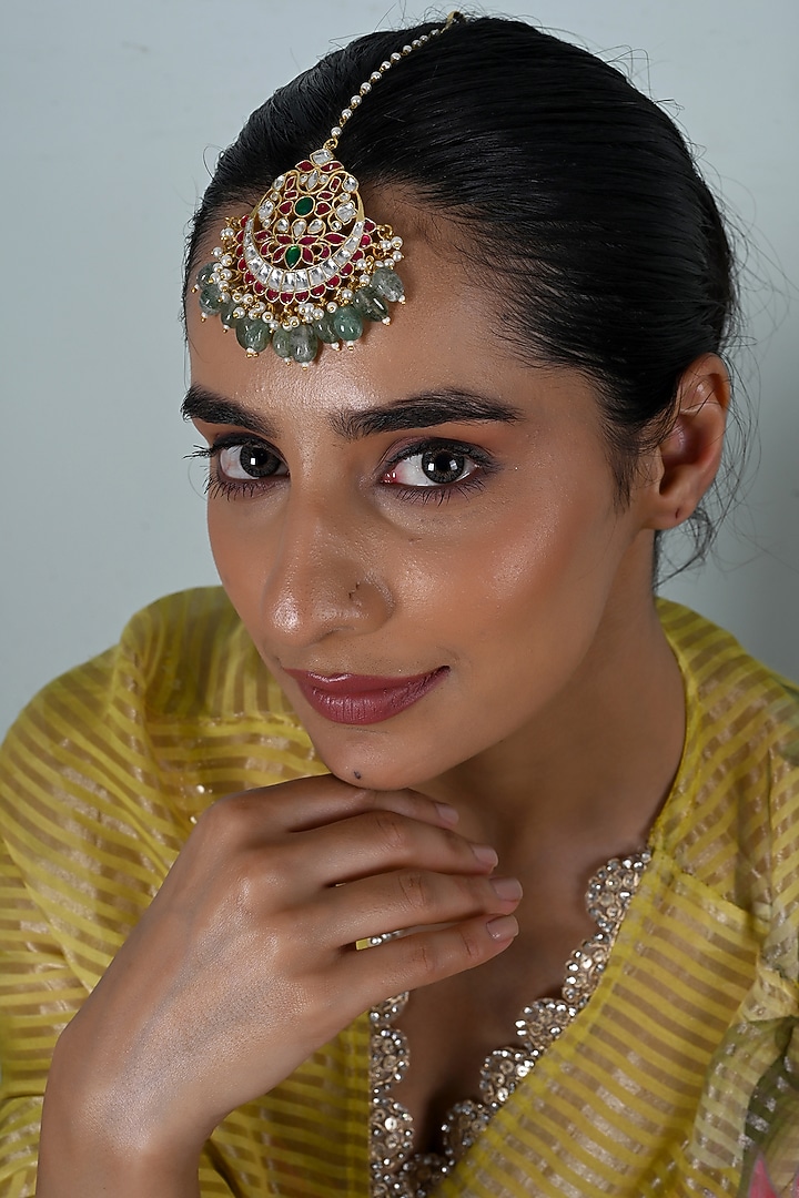 Gold Plated Multi-Colored Jadau Kundan Polki Maangtikka by Shlok Jewels at Pernia's Pop Up Shop