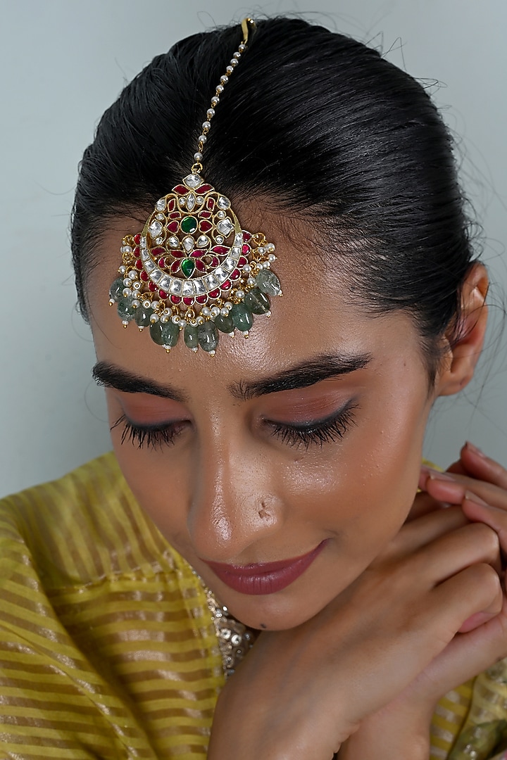 Gold Plated Multi-Colored Jadau Kundan Polki Maangtikka by Shlok Jewels at Pernia's Pop Up Shop