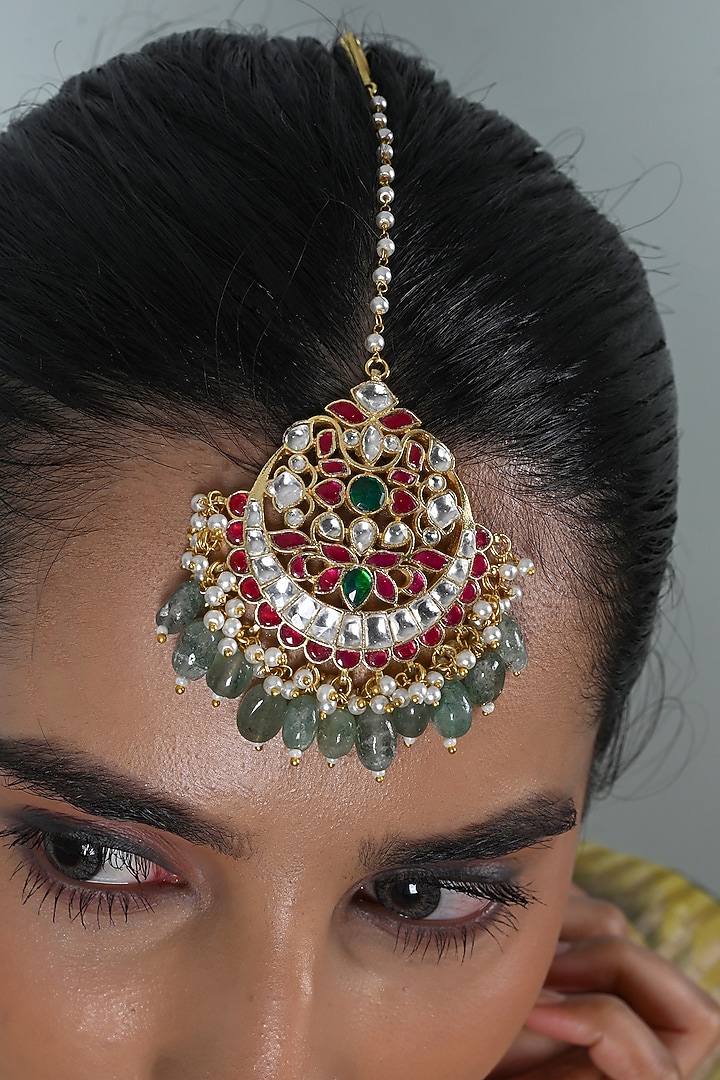 Gold Plated Multi-Colored Jadau Kundan Polki Maangtikka by Shlok Jewels at Pernia's Pop Up Shop