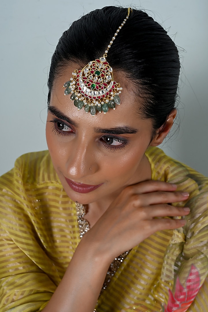 Gold Plated Multi-Colored Jadau Kundan Polki Maangtikka by Shlok Jewels at Pernia's Pop Up Shop